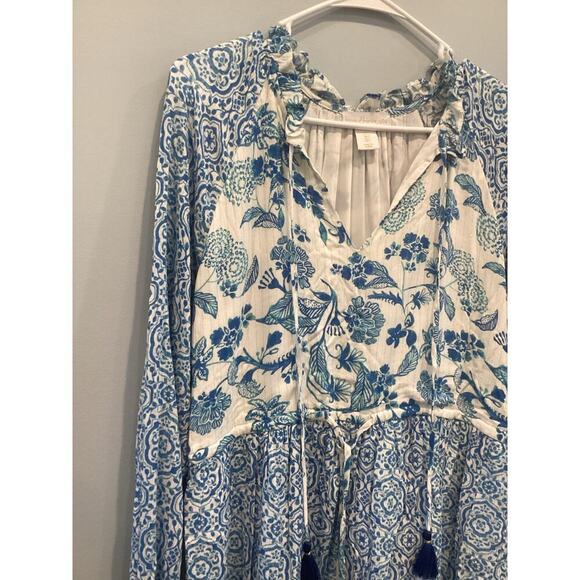 REVOLVE X HOUSE OF HARLOW Boho Mini Shirt Dress Size S Tiered Blue Beachy Tassel - Picture 6 of 15